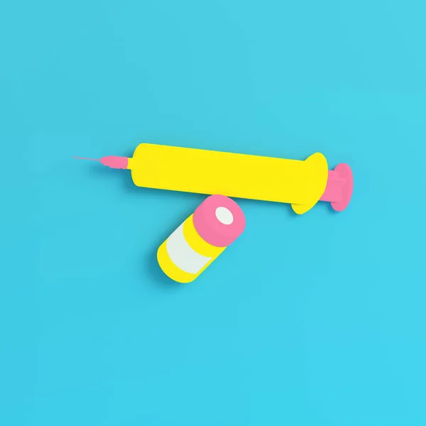 パステルカラーの明るい青の背景にワクチンと黄色の注射器 最小限の概念 3Dレンダリング — ストック写真