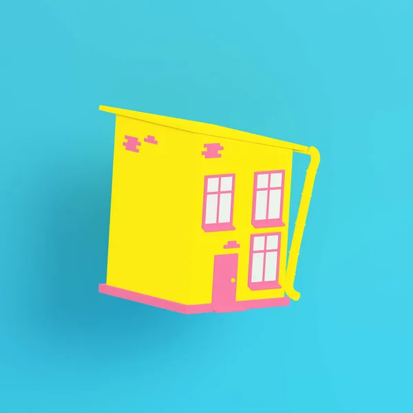 Gul Tecknad Stylat Hus Ljusblå Bakgrund Pastellfärger Minimalistiskt Koncept Återgivning — Stockfoto