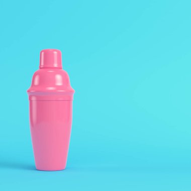Pastel renklerde parlak mavi arkaplanda pembe kokteyl karıştırıcısı. Minimalizm kavramı. 3d hazırlayıcı