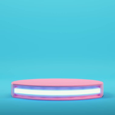Pastel renklerde parlak mavi arkaplanda pembe, parlayan ürün görüntüsü. Minimalizm kavramı. 3d hazırlayıcı