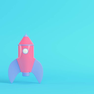 Pembe çizgi film stili roket, parlak mavi arka planda, pastel renklerde. Minimalizm kavramı. 3d hazırlayıcı