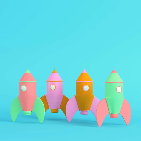 Kleurrijke Cartoon Stijl Raketten Een Helderblauwe Achtergrond Pastelkleuren Minimalisme Concept — Stockfoto