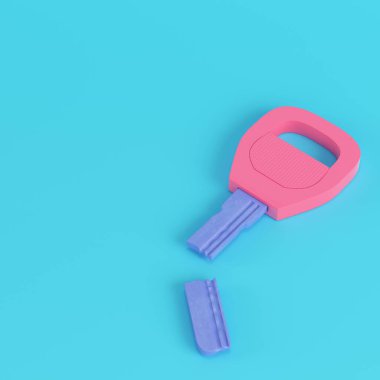 Pastel renklerde parlak mavi arkaplanda kırık bir anahtar. Minimalizm kavramı. 3d hazırlayıcı