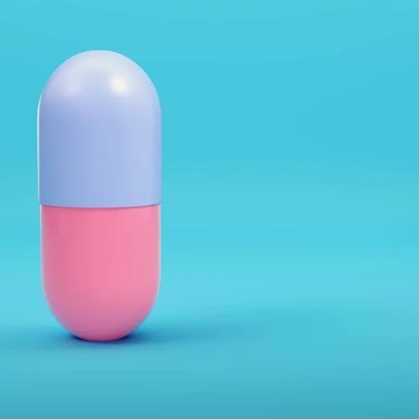 パステルカラーの明るい青の背景にピンクのカプセル薬 最小限の概念 3Dレンダリング — ストック写真