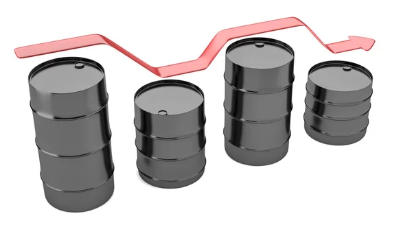 Four oil barrels with decreasing up red arrow — Stock Photo, Image