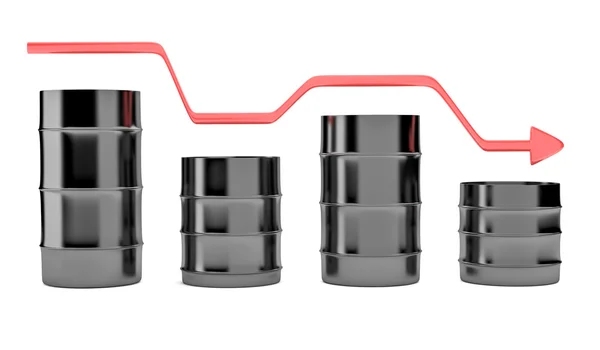 Four oil barrels with decreasing up red arrow — Stock Photo, Image