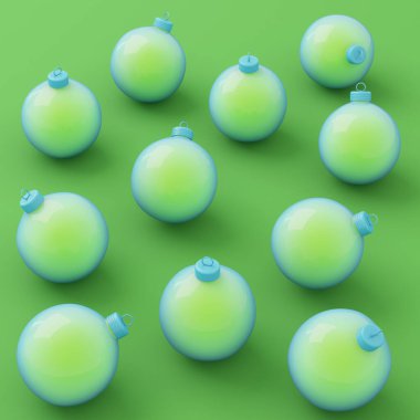 Yeşil arka planda noel süsleri. Minimalizm kavramı. 3d hazırlayıcı