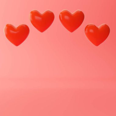 Yumuşak pembe arka planda yüzen parlak kırmızı kalpler. 3d hazırlayıcı