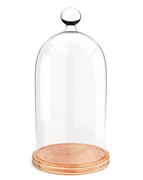 Glazen koepel op de houten plaat geïsoleerd op witte achtergrond — Stockfoto
