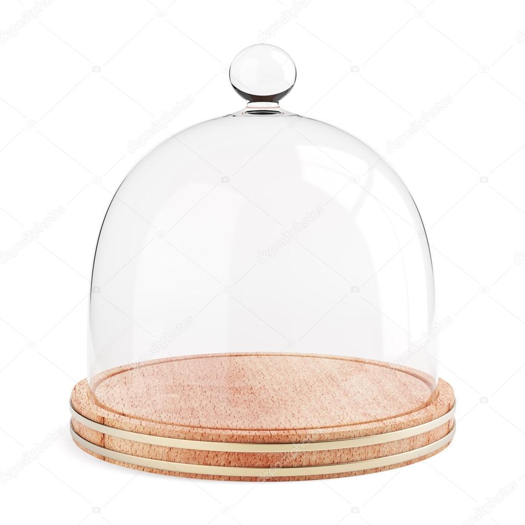 Glass dome on the wooden plate isolated on white background