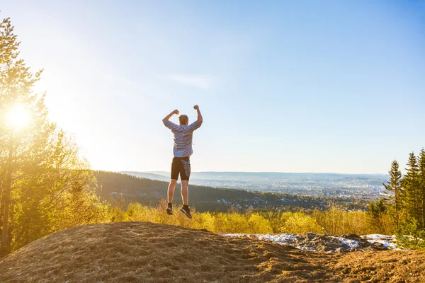 Homem de sucesso pulando no topo de uma montanha — Fotografia de Stock
