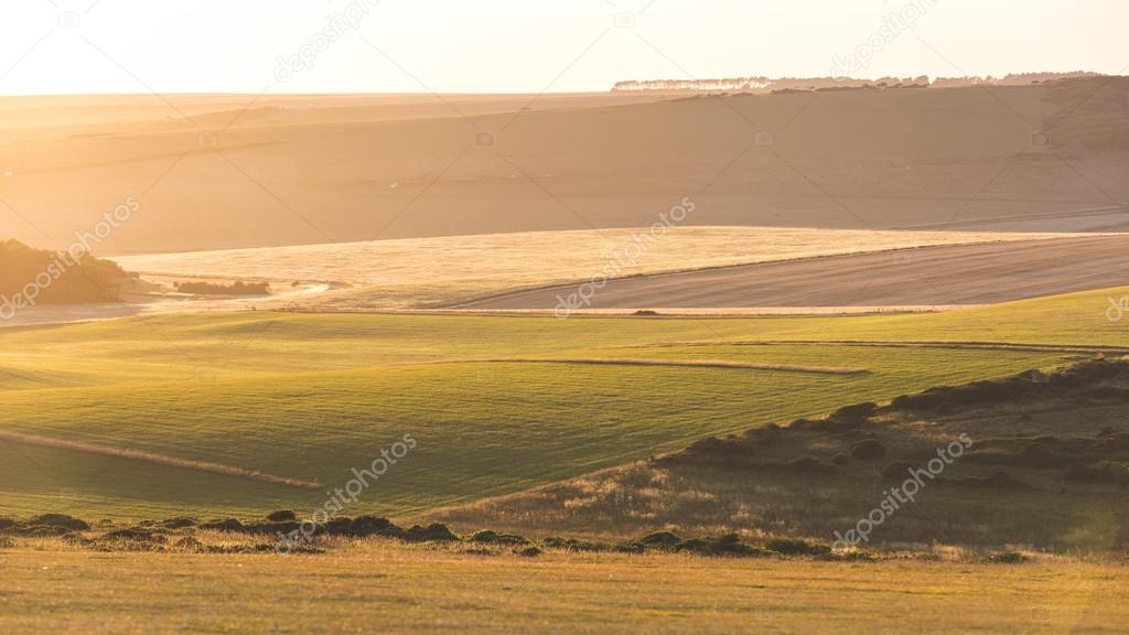 Panoramic view of English countryside at sunset