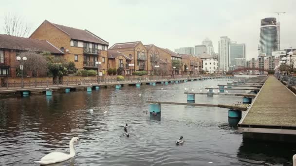 Житлові будинки в Лондоні з каналом на передньому плані — стокове відео