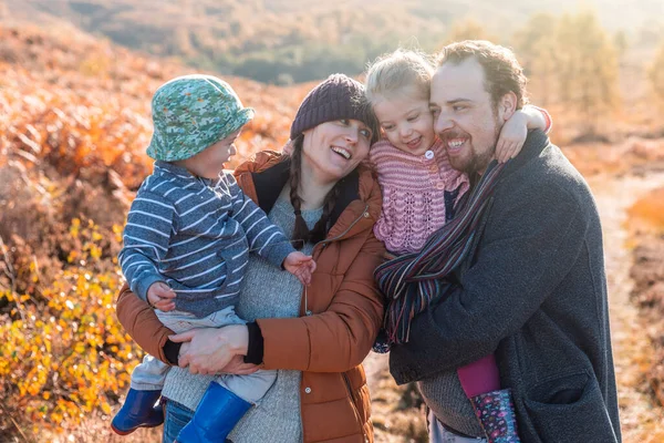 Happy Family Portrait Embracing Together Sunny Autumn Day Mother Father — Stock Photo, Image