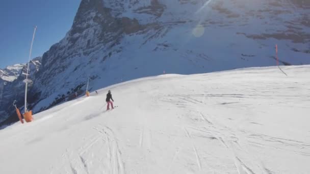 Skiing Snow Slopes Mountains First Person View Man Going Downhill — Stock Video