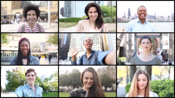 Joyeuses Personnes Multiethniques Lors Appel Vidéo Collection Mosaïques Vidéoconférence Groupe — Video