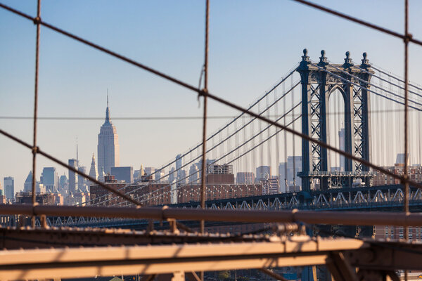 Manhattan Bridge and New York Cityscape from Brooklyn Bridge