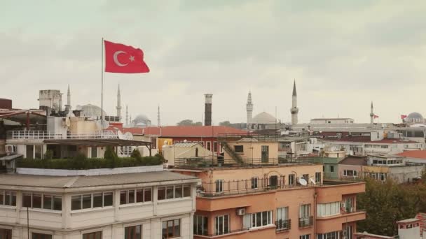 Turkish Flag and Istanbul Rooftops View — Stock Video