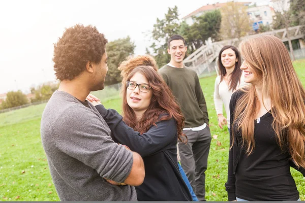 Grupo Multiétnico de Amigos no Parque — Fotografia de Stock