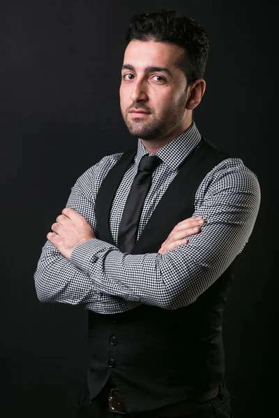 Portrait of Young Man Wearing Shirt on Black Plain Background — Stock Photo, Image