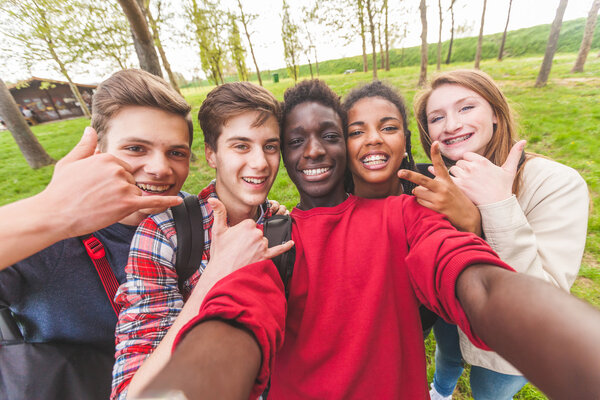 Group of multiethnic teenagers taking a selfie at park