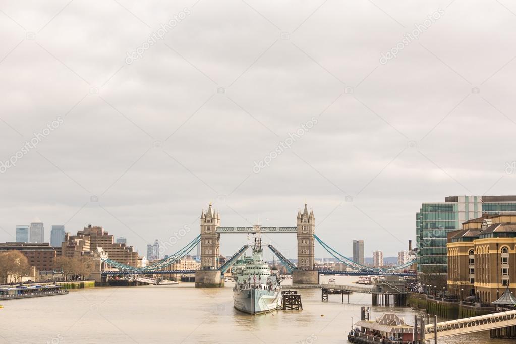Tower Bridge in London with drawbridge open
