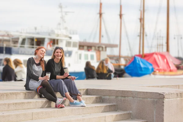 Две прекрасные скандинавские девушки наслаждаются жизнью в гавани Осло — стоковое фото