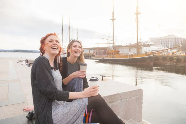 Two beautiful nordic girls enjoying life at Oslo harbour — Stock Photo, Image