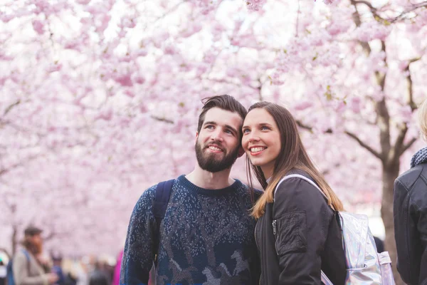 Hipster paar portret in Stockholm met cherry blossoms — Stockfoto