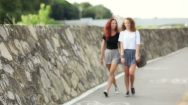 Two girls walking on the footpath — Stock Video