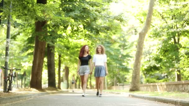 Dos hermosas chicas caminando cogidas de la mano en el parque — Vídeo de stock