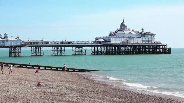 Vista sulla spiaggia di Eastbourne e sul molo in una giornata di sole — Video Stock