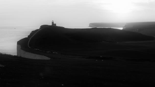 Panoramic view of Seven Sisters cliffs at sunset, black and white — Stock Video