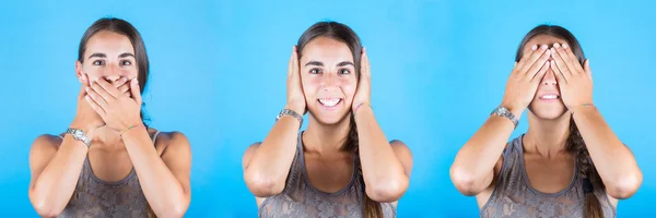 Young woman covering eyes, ears and mouth with her hands — Stock fotografie