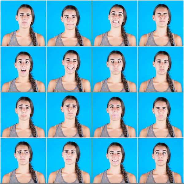 Beautiful woman multiple portraits on blue background — Zdjęcie stockowe