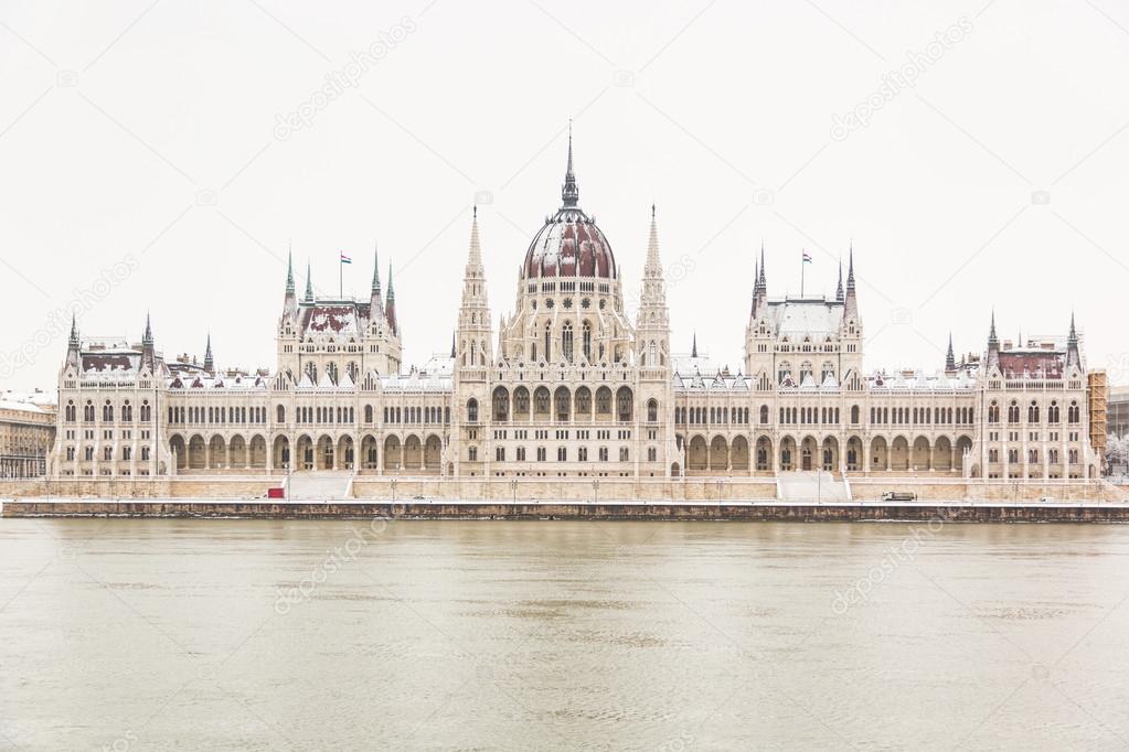 Parliament palace in Budapest on a snowy day