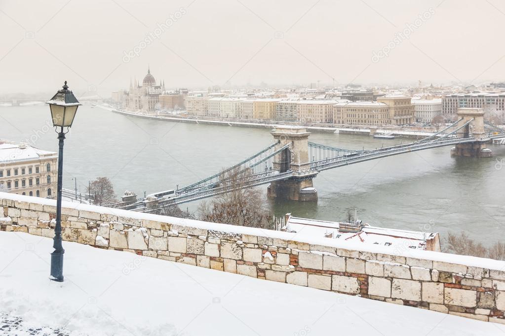 Winter snowy panoramic view of Budapest 