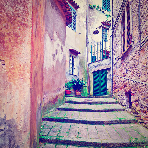 Narrow Alley with Old Buildings in Italian City of Proceno, Instagram Effect