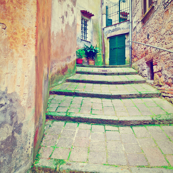 Narrow Alley with Old Buildings in Italian City of Proceno, Instagram Effect