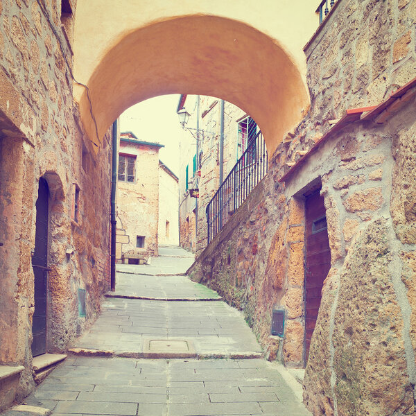 Narrow Street with Old Buildings in Italian City of Sorano, Instagram Effect