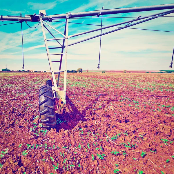 Irrigation par gicleurs sur un champ en Espagne — Photo