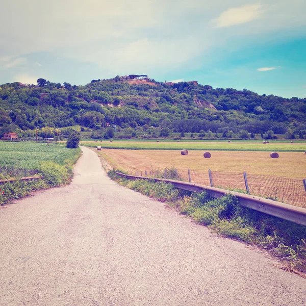 Italiaans Landschap Met Veel Hooibalen Wijngaarden Instagram Effect — Stockfoto