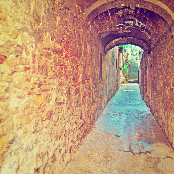 Narrow Old Tunnel in Italian City of Volterra, Instagram Effect