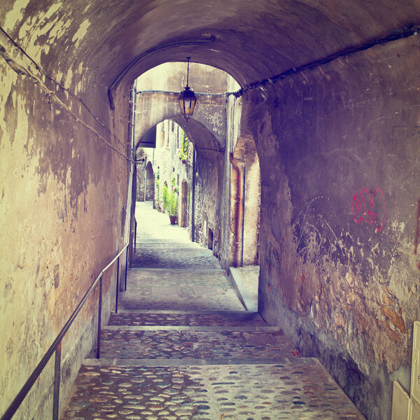 Narrow Alley with Old Buildings in French City of Crest, Instagram Effect