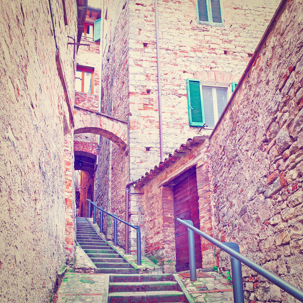 Staircase of the Narrow Street with Old Buildings in the Medieval Italian City, Instagram Effect