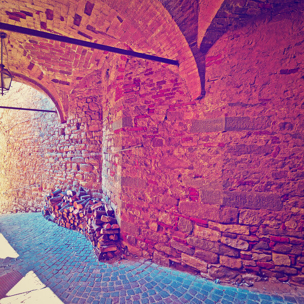 Vaulted Ceiling of the Old Street in a Italian Medieval City, Instagram Effect
