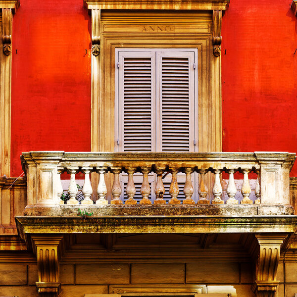 Facade of the Old Italian House with Balcony in Rome