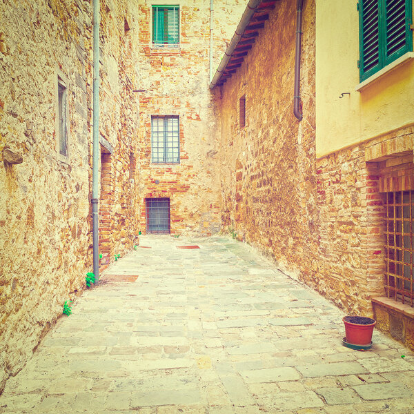 Narrow Street with Old Buildings in Italian City of Cetona, Instagram Effect
