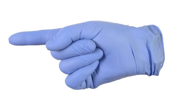 Right Hand Blue Rubber Glove Points Left Index Finger Isolated — Stock Photo, Image