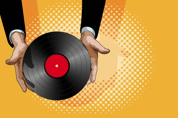 Mužské Ruce Jemně Drží Retro Vinylovou Desku Červeným Štítkem Uprostřed — Stockový vektor